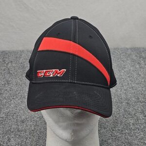 CCM Hat Mens S/M Black Red Stripe Embroidered Hockey Stretch Fit Cap Athletic